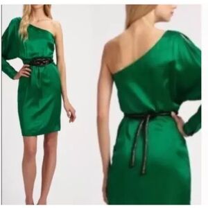 Trina Turk Emerald Green Satin One Shoulder Dress - Size 4 Small